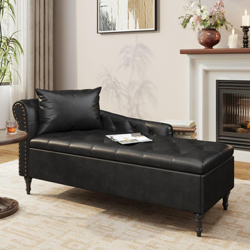 Faux Leather Chaise Lounge Chair with Storage, Left Rolled Armrest, Black