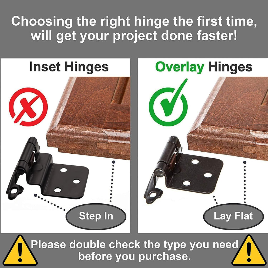 1/2" Overlay Matte Black Cabinet Hinges 50 Pack (25 Pair) Self Closing Bath & Kitchen Cabinet Hinges Black Flush Mount