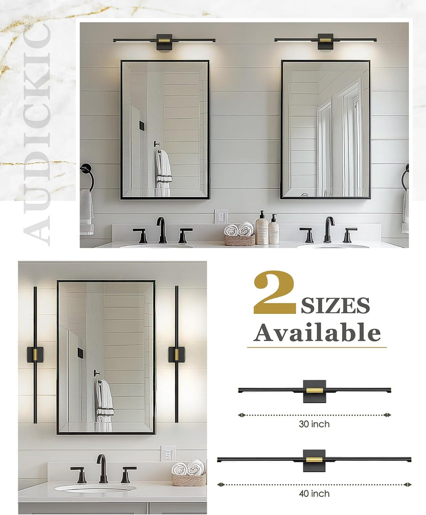 30 Inch Bathroom Light Fixtures, 16W 3CCT Dimmable Black and Gold LED Vanity Lighting Fixtures Over Mirror