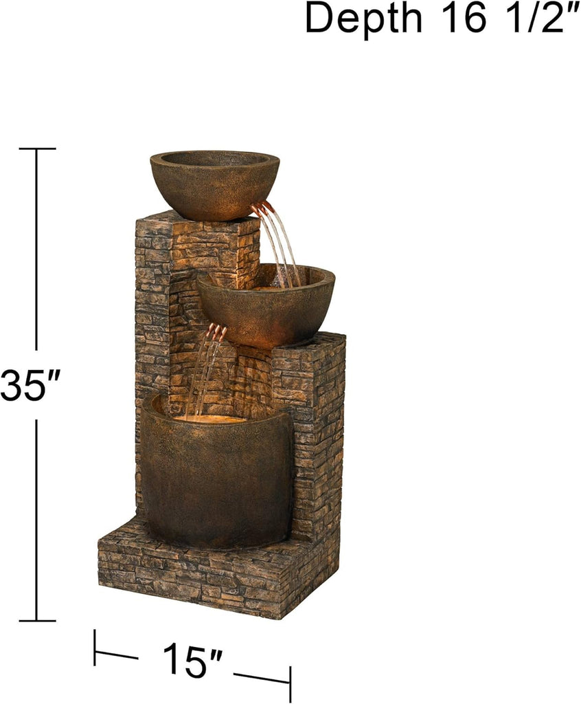 Mason 35" High Large Rustic Indoor Outdoor Decor Faux Stone Floor Fountain with Light LED Bowl Standing Tiered