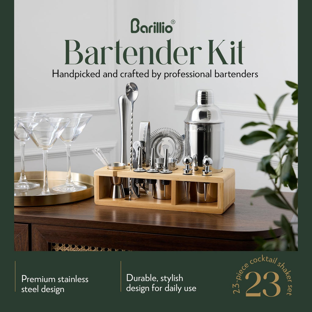 Bartender Kit - Stainless-Steel Cocktail Shaker Set w/Bamboo Stand - Mixology Bar Tools w/Drink Shaker, Mixer Spoon &