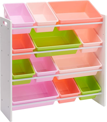 Kids Toy Storage Organizer with 12 Plastic Bins, White Wood with Pink Bins, 33.85"D x 12.79"W x 35.42"H