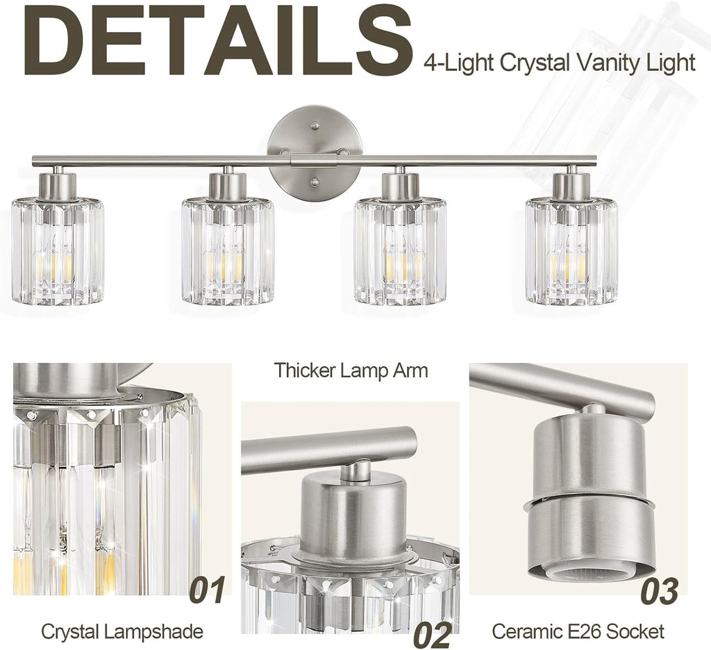 Modern Brushed Nickel Crystal Bathroom Light Fixtures,4-Light | Bathroom Lighting Fixtures over Mirror,Vanity Lights