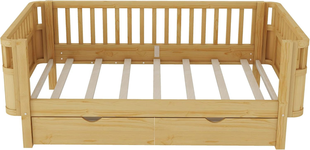 Twin Size Wood Floor Bed, Montessori Platform Daybed Frame with Safety Rails & Low Profile, Space Saving U-Shaped