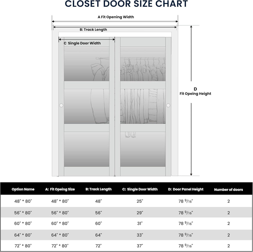 Sliding Closet Door for 72" x 80" Opening, 3-Lite Frosted Glass MDF Barn Door with Hardware Kit Set,