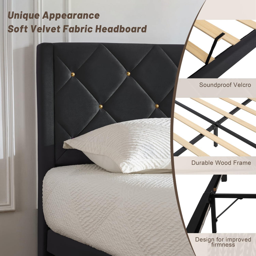 Queen Bed Frame with Headboard, Bed Frame Queen with Sturdy Wooden Slats Support