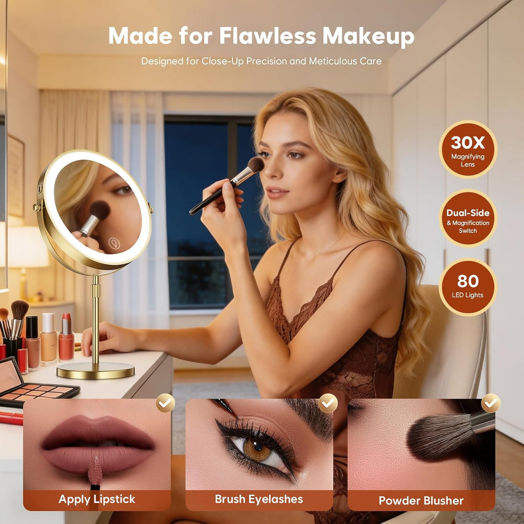 30X Magnifying Makeup Mirror with Lights, Height Adjustable Double Sided Vanity Mirror, 360° Rotation Cosmetic Mirror