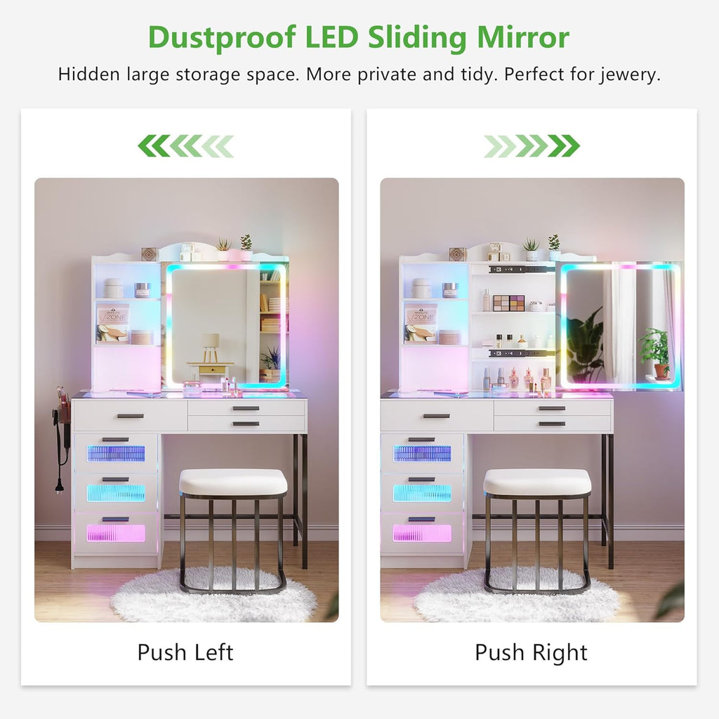 Vanity Desk with Sliding Mirror and Glass Desktop, LED Vanitys Mirror with RGB Lights Desk and Chair, Dressers Table