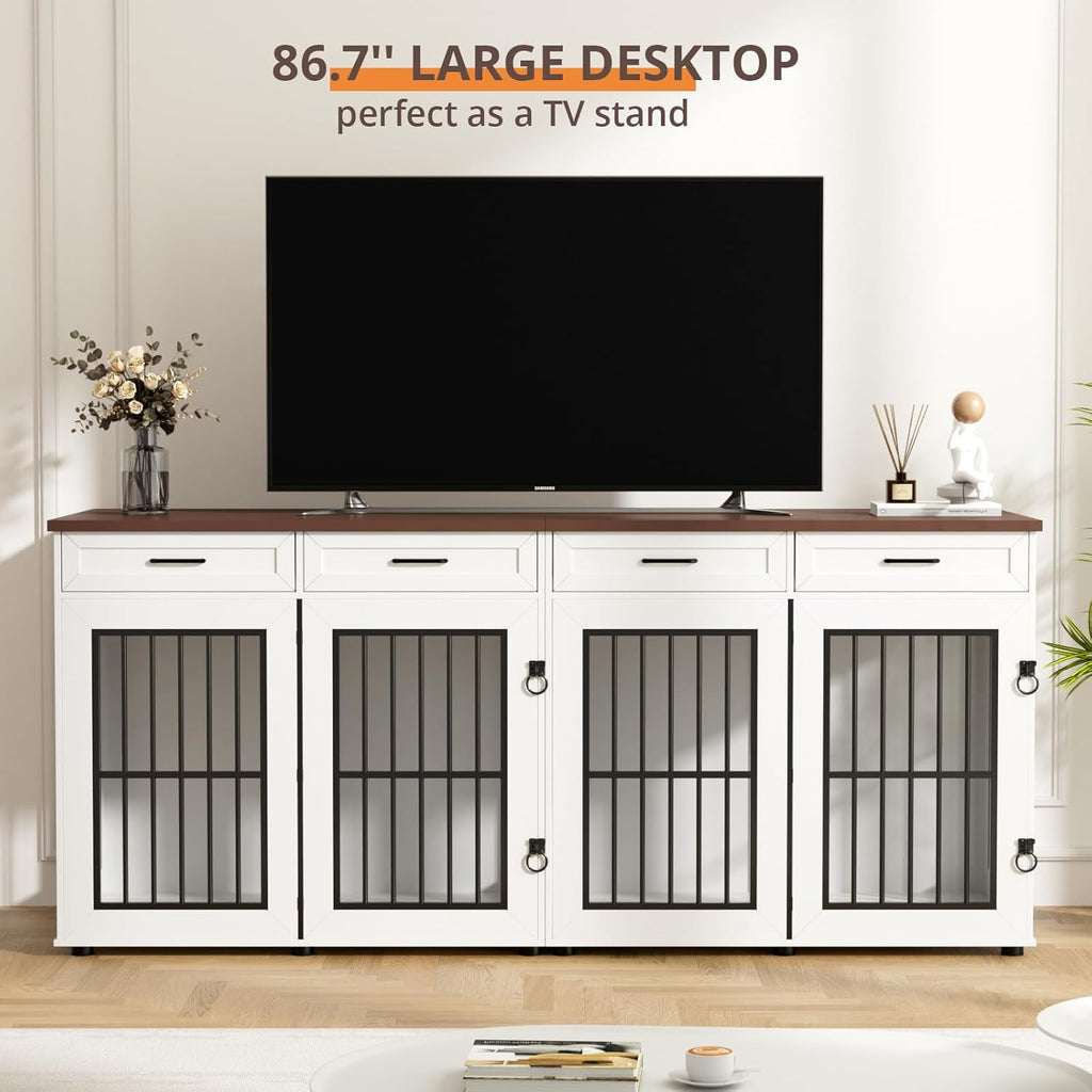 86.7 in Dog Crate Furniture for 2 Dogs, Extra Large Double Dog Cage Furniture TV Stand with Removable Divider