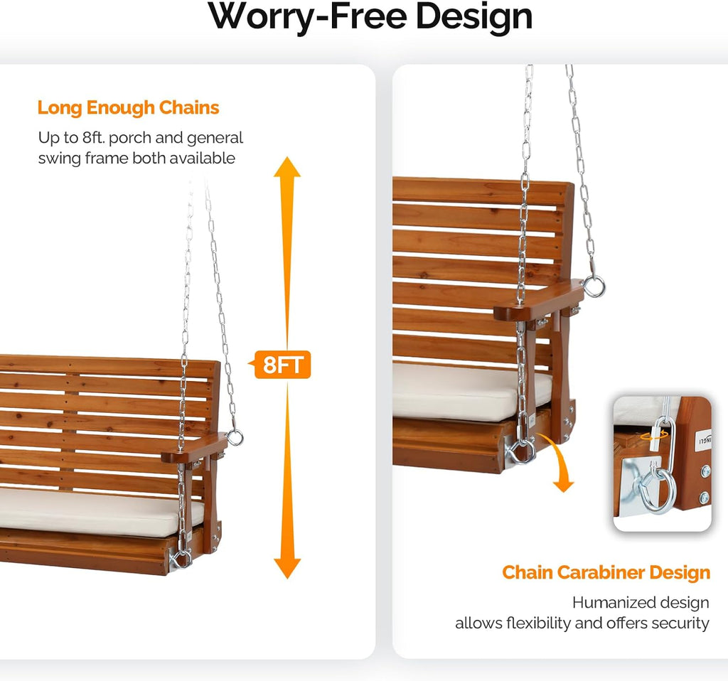 5 FT Heavy Duty Porch Swing with Cushion, 880 LBS Wooden, Brown | Extra Cushion Included; Heavy-Duty Wood Frame;