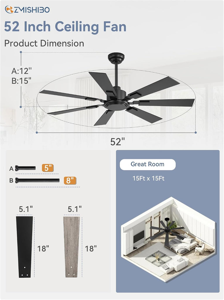 52“ Ceiling Fans No Light with Remote, Black Modern Ceiling Fan Without Light, Quiet Reversible DC Motor, 6 Speeds