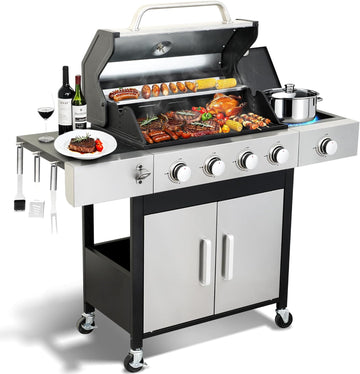 4-Burner Propane Gas Grill with Side Burner, 46,890 BTU Stainless Steel BBQ Grill with Enameled Cast Iron Grates and Side Table for Patio and Backyard