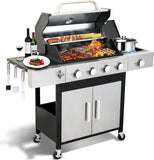 4-Burner Propane Gas Grill with Side Burner, 46,890 BTU Stainless Steel BBQ Grill with Enameled Cast Iron Grates and Side Table for Patio and Backyard