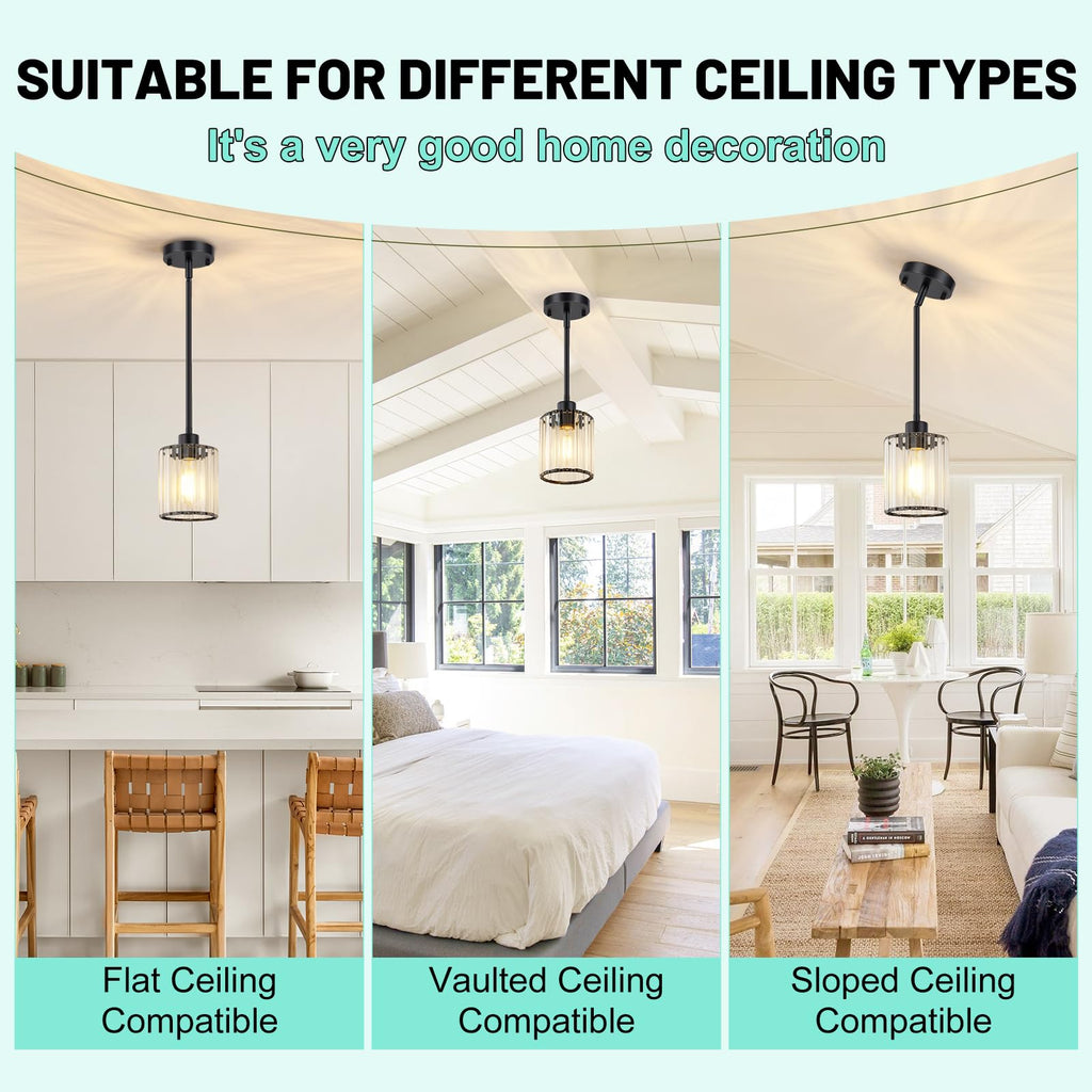 3 Pack Pendant Light Fixtures, Modern Black Pendant Lights Kitchen Island, Mini Pendant Lighting with Crystal Shade