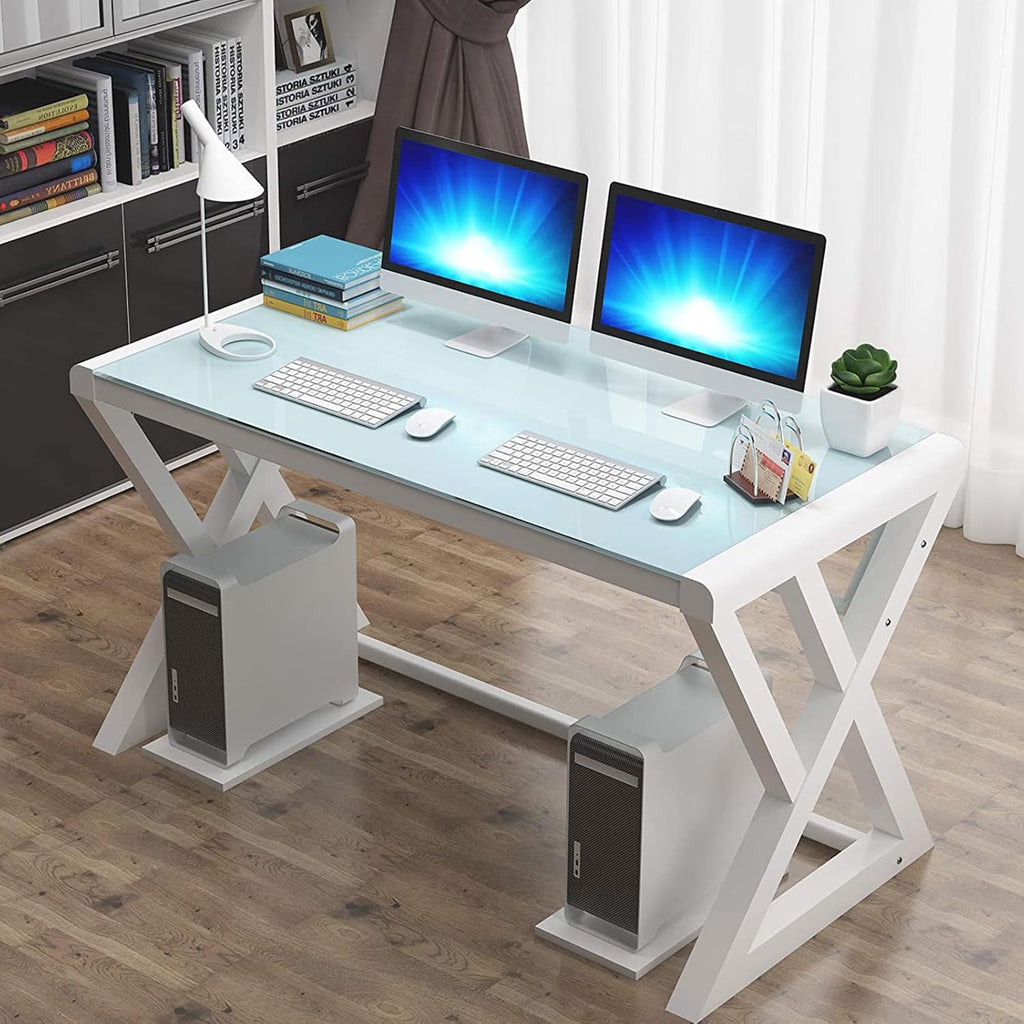 Computer Desk & Gaming Desk, Home Office Desks 55.1 Inch- Modern Simple Writing Study White Glass Computer Desk