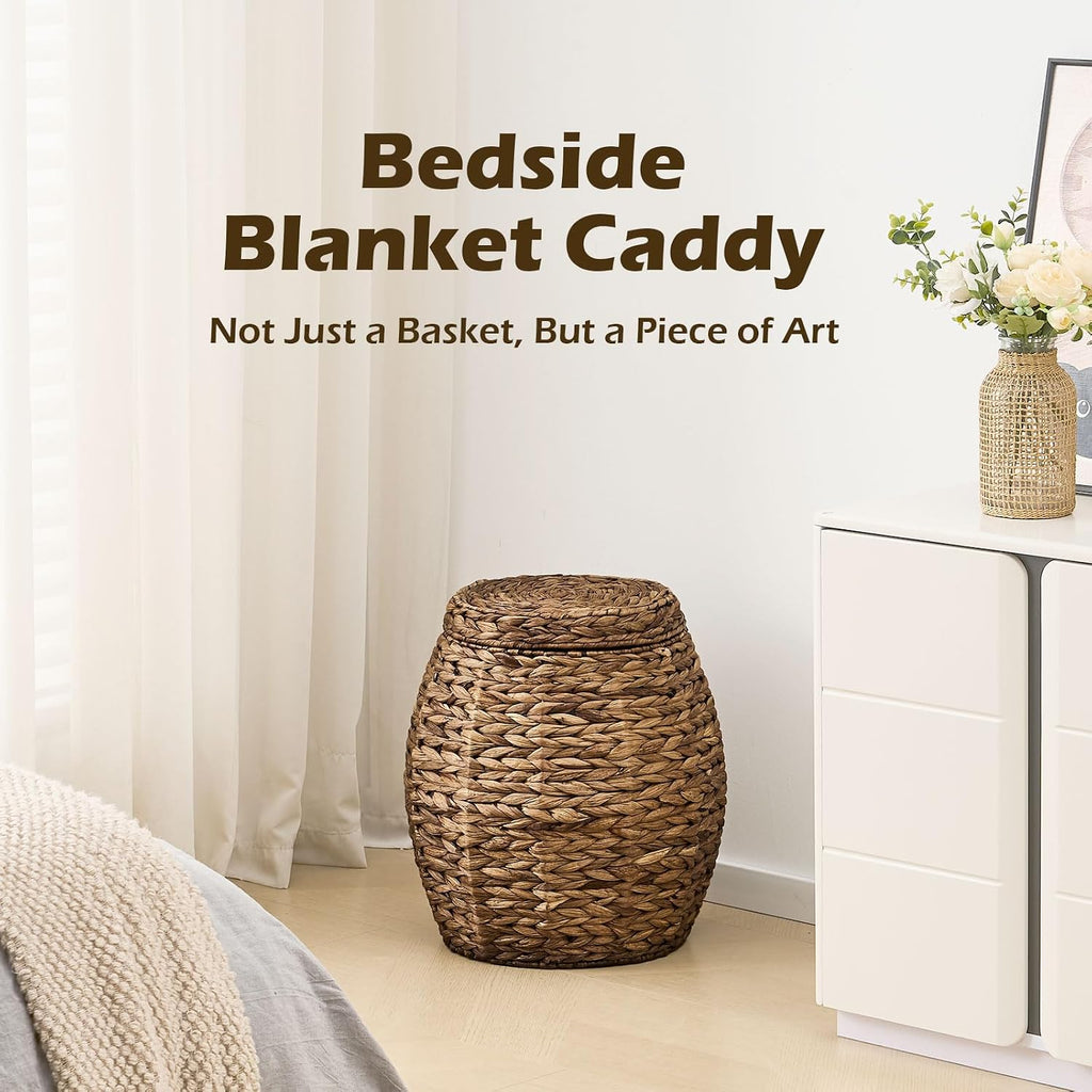 Round Wicker Basket with Lid, Handwoven Water Hyacinth Storage Basket, Blanket Organizer Basket for Laundry