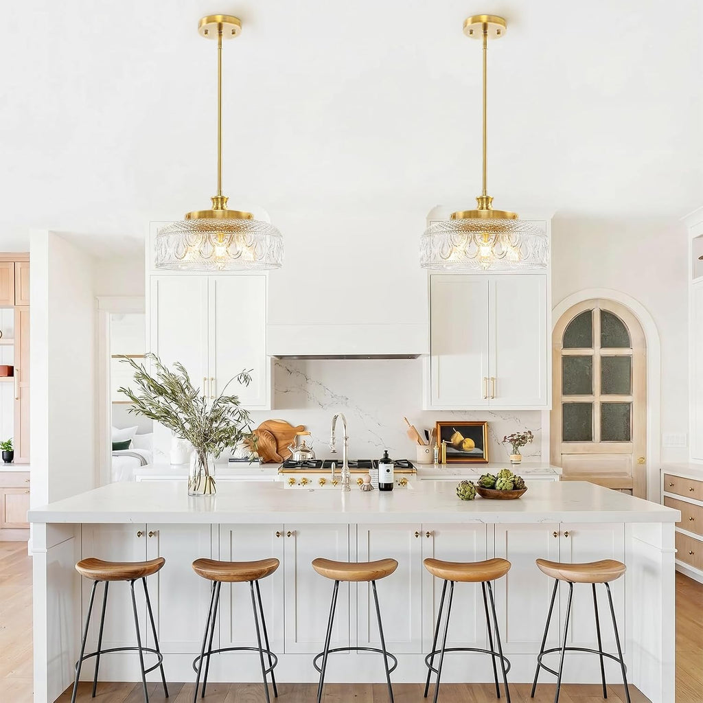 3-Light Adjustable Pendant Lights Kitchen Island, 12in Brushed Gold Modern Clear Glass Ceiling Mount Hanging Lighting