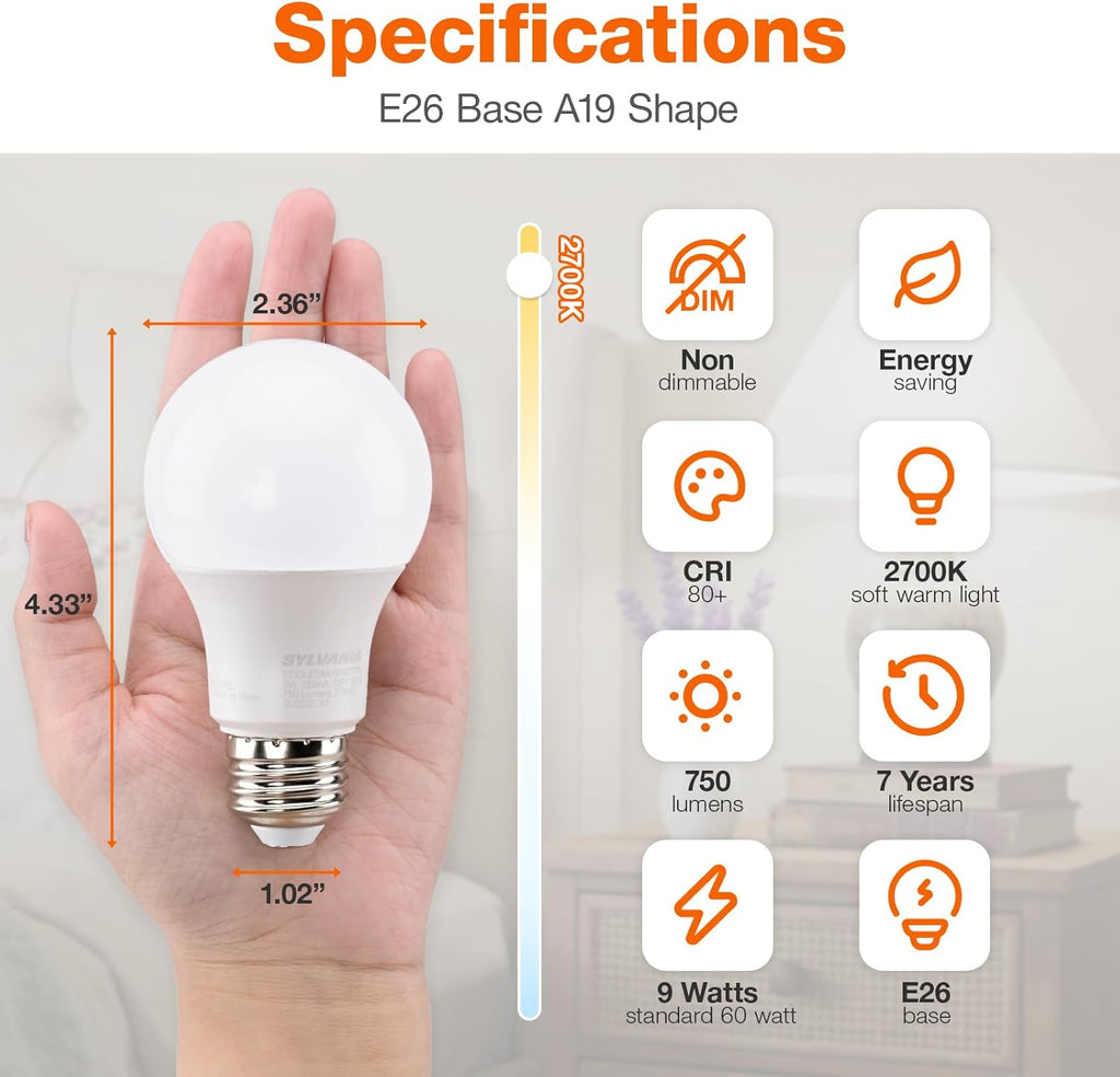 LED Light Bulb, A19 60W Equivalent, Efficient 9W, 7 Year, 750 Lumens, 2700K, Non-Dimmable, Frosted, Soft White
