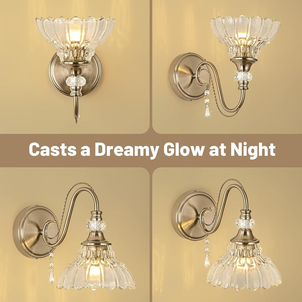 1 Piece Brushed Nickel Finish Wall Sconce, 1-Light Modern Wall Sconce with Hanging Crystal Accents and Flower-Shaped
