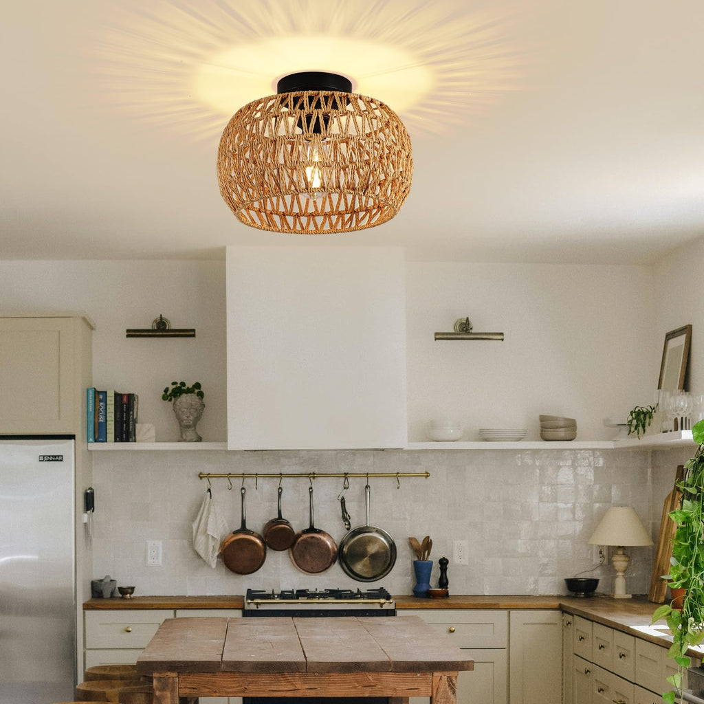 12" Boho Ceiling Light Fixture, Rattan Flush Mount Ceiling Light, Small Rustic Hand Woven Chandelier for Farmhouse