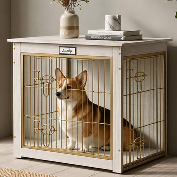 Luxury Dog Crate Furniture with Double Doors, White Wood Pet Crate End Table with Gold Metal Bars, Heavy Duty Indoor