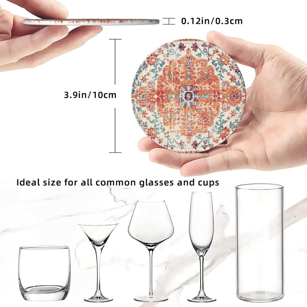 Vintage Retro Ethnic Boho Coasters for Drinks Round Leather Coaster with Holder for Tabletop Protection Desk - Set of 6