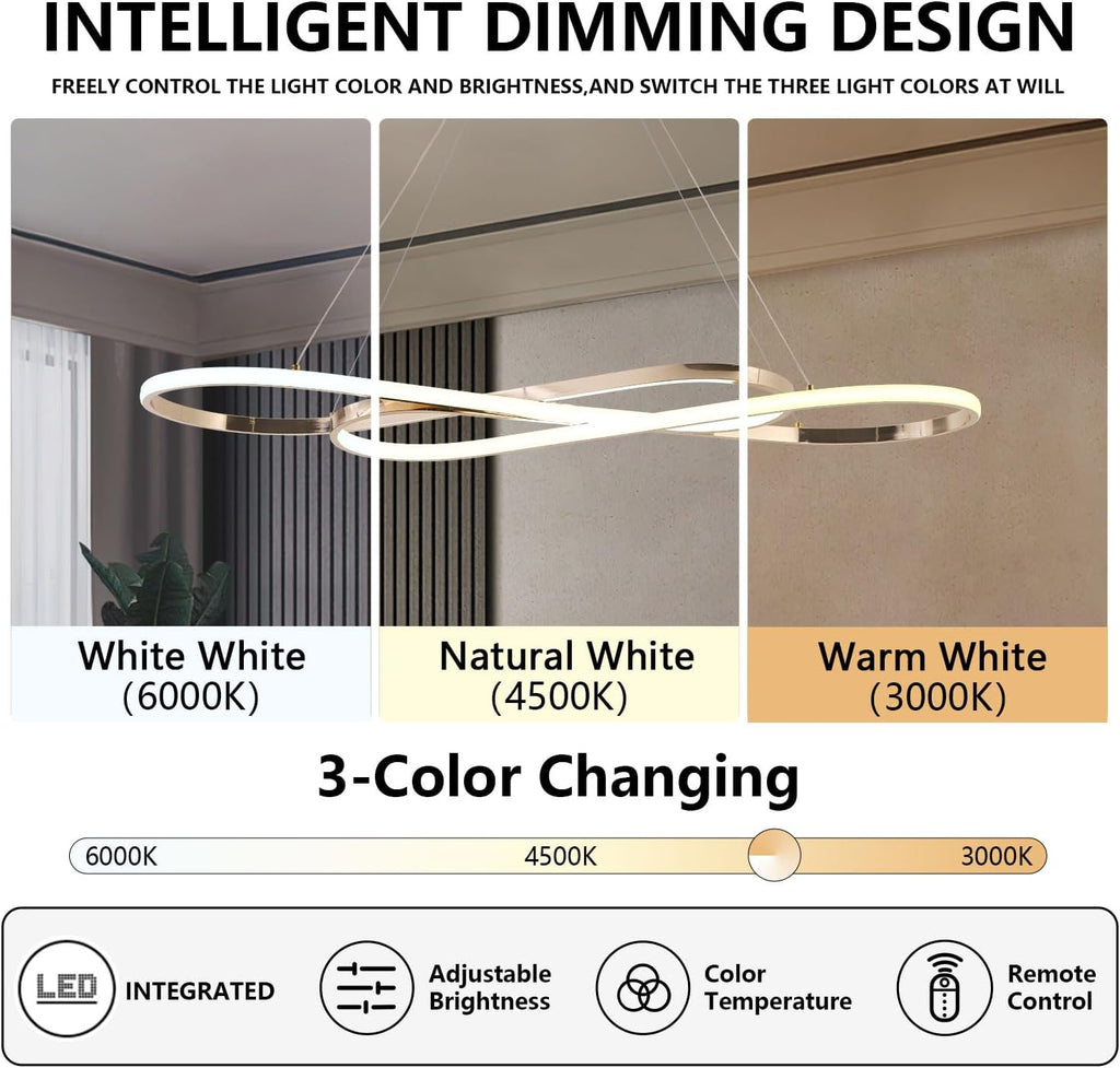 Gold 29.53in Dimmable Modern LED Pendant Chandelier | Height adjustable design, remote control included, suitable for kitchen island, dining room indoor decorative lighting