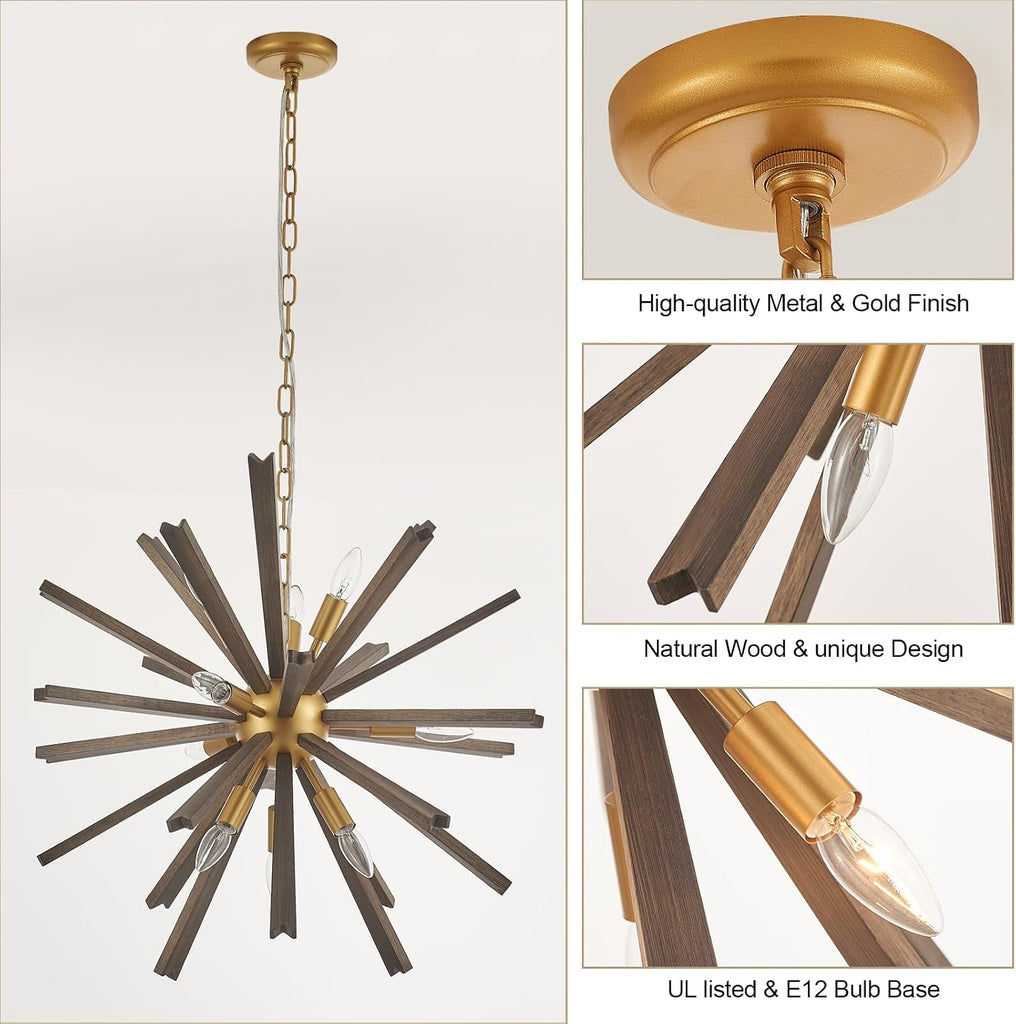 9-Light Wood Sputnik Chandelier for Entryway, Gold Dining Room Light Fixture, Farmhouse Pendant Light Fixture for Bedroom Kitchen Foyer Living Room
