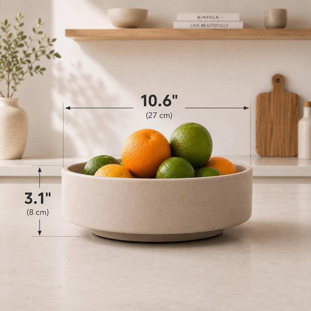 Large Fruit Bowl Counter, Modern Resin Pedestal Centerpiece, Stone-Look Matte Finish in Natural Sandstone, Decorative