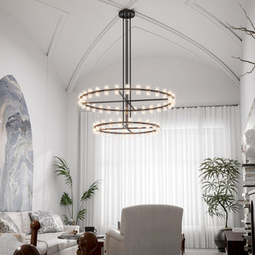 Inspired Arcachon Style 2-Tier Round Wagon Wheel Chandelier, 48" + 59" 108-Light Black — Foyer, Great Room & Dining