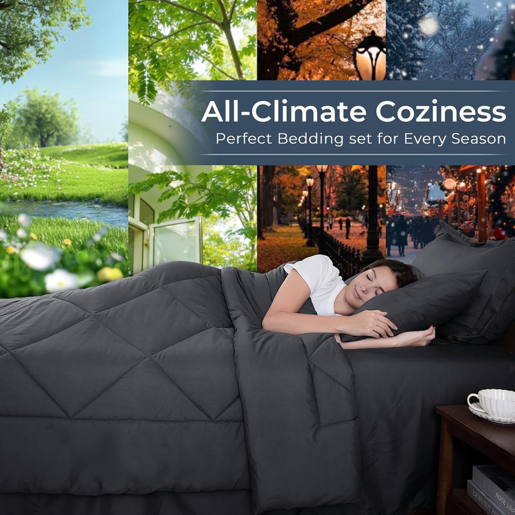 7 Pieces Comforter Set, All Season Reversible Bed in a Bag, Ultra Soft Bedding Set with Grey Comforter