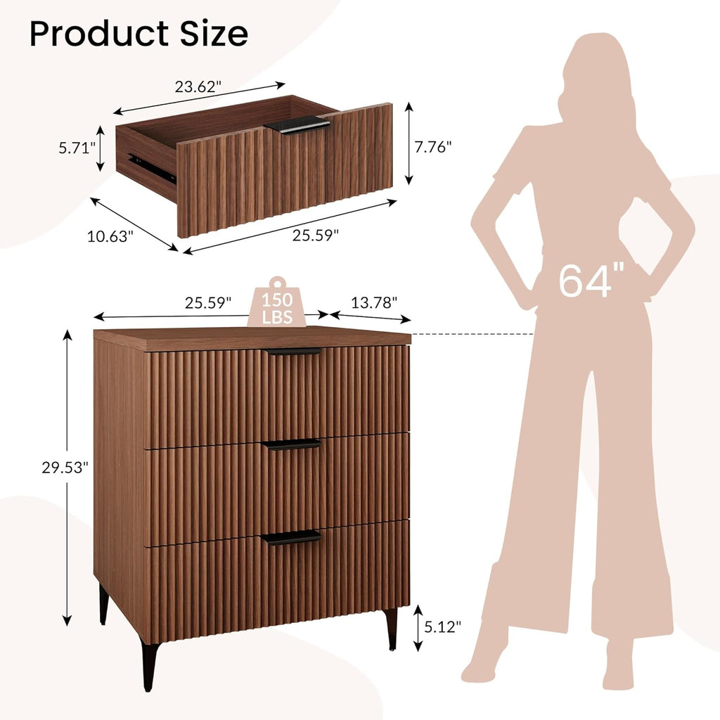 25.6"W Fluted Nightstand with 3 Drawer, Mid-century Modern Wood Night Stands Bedside Table King/Queen Bed, End Table
