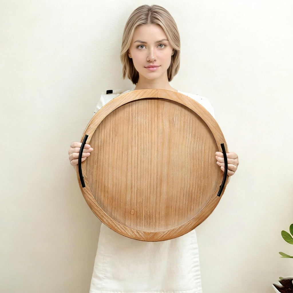 18Inch Brown Wooden Beaded Serving Tray with Handle Decorative Rustic Tray for Coffee Table Farmhouse Round Trays