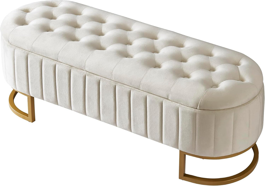 Elegant Upholstered Velvet Storage Ottoman with Button-Tufted,Storage Bench with Metal Legs ,Fully Assembled Except
