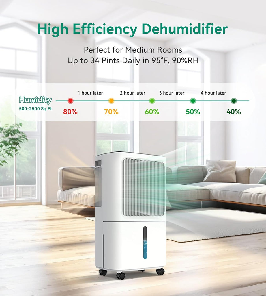 2500 Sq.Ft Dehumidifier for Basement with Drain Hose Max 34 Pints, Dehumidifiers for Home, Large Room, Bathroom