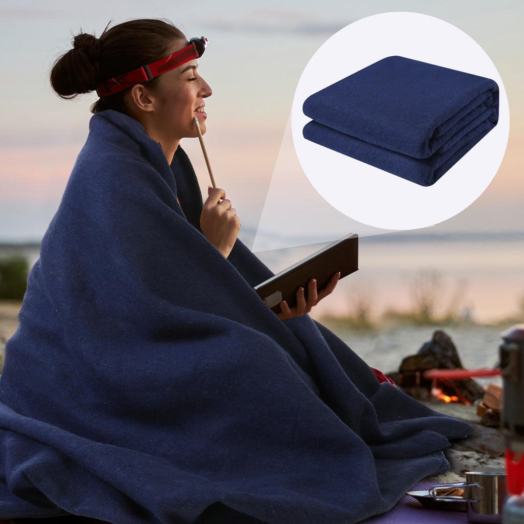 3 Pieces Wool Camping Blanket Fire Retardant Emergency, Navy