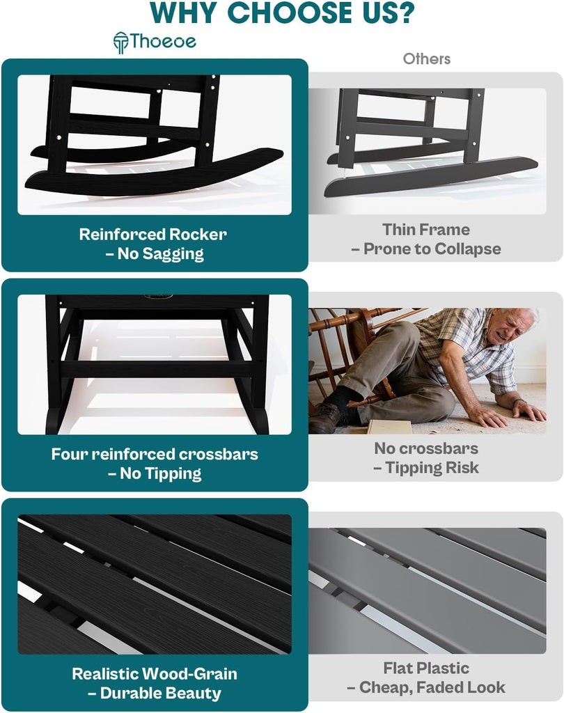 Outdoor Rocking Chairs, Oversized Patio Rocking Chair | HDPE Outdoor Rockers for Front Porch, Patio, Backyard