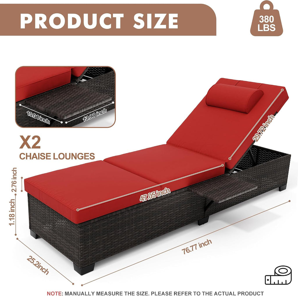 2Piece Outdoor PE Wicker Chaise Lounge Chairs, Pool Lounge Chairs Adjustable Backrest Recliners