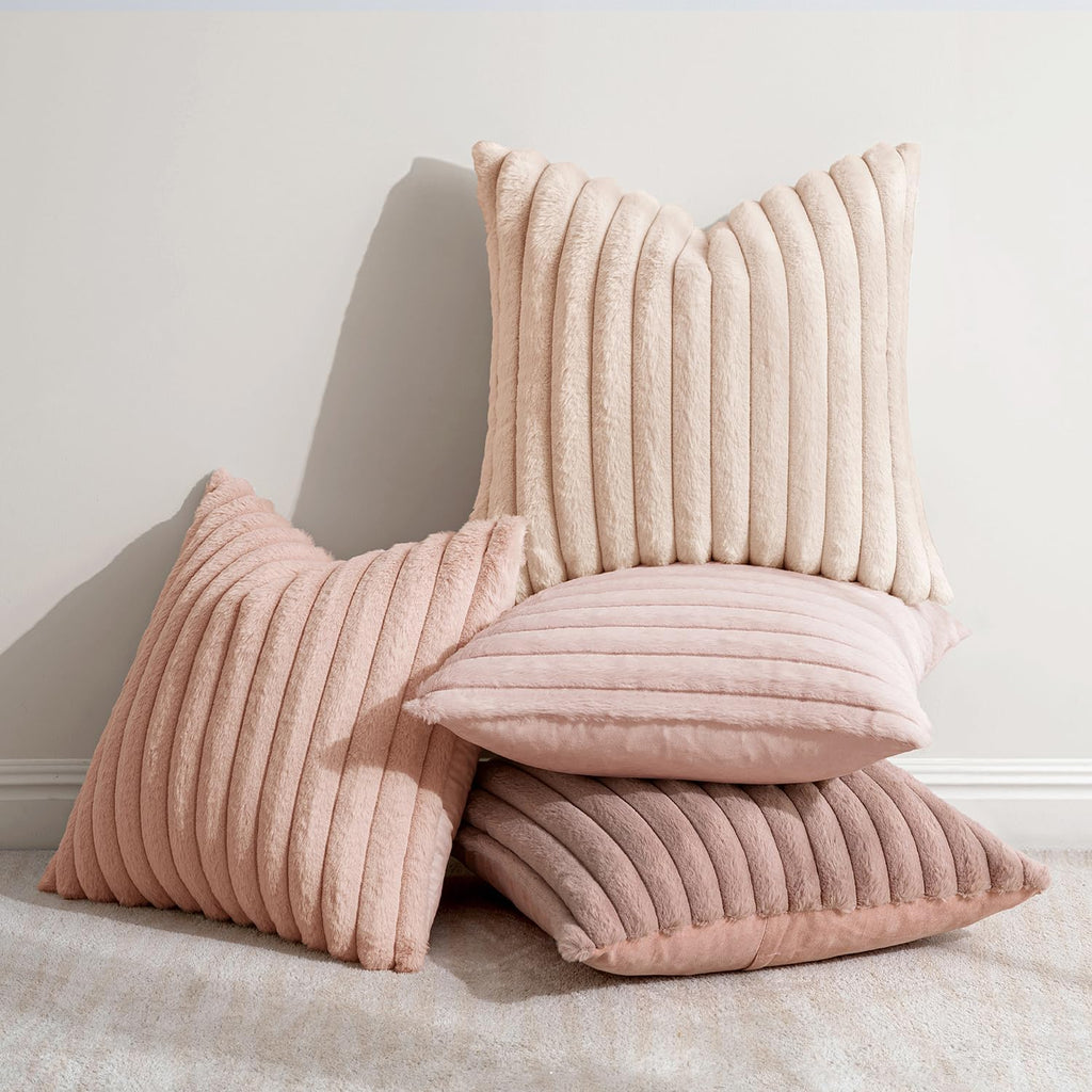 Faux Fur Plush Decorative Throw Pillow Covers 18x18 Set of 4, Valentine's Day Cute Modern Soft Romantic Fuzzy Striped