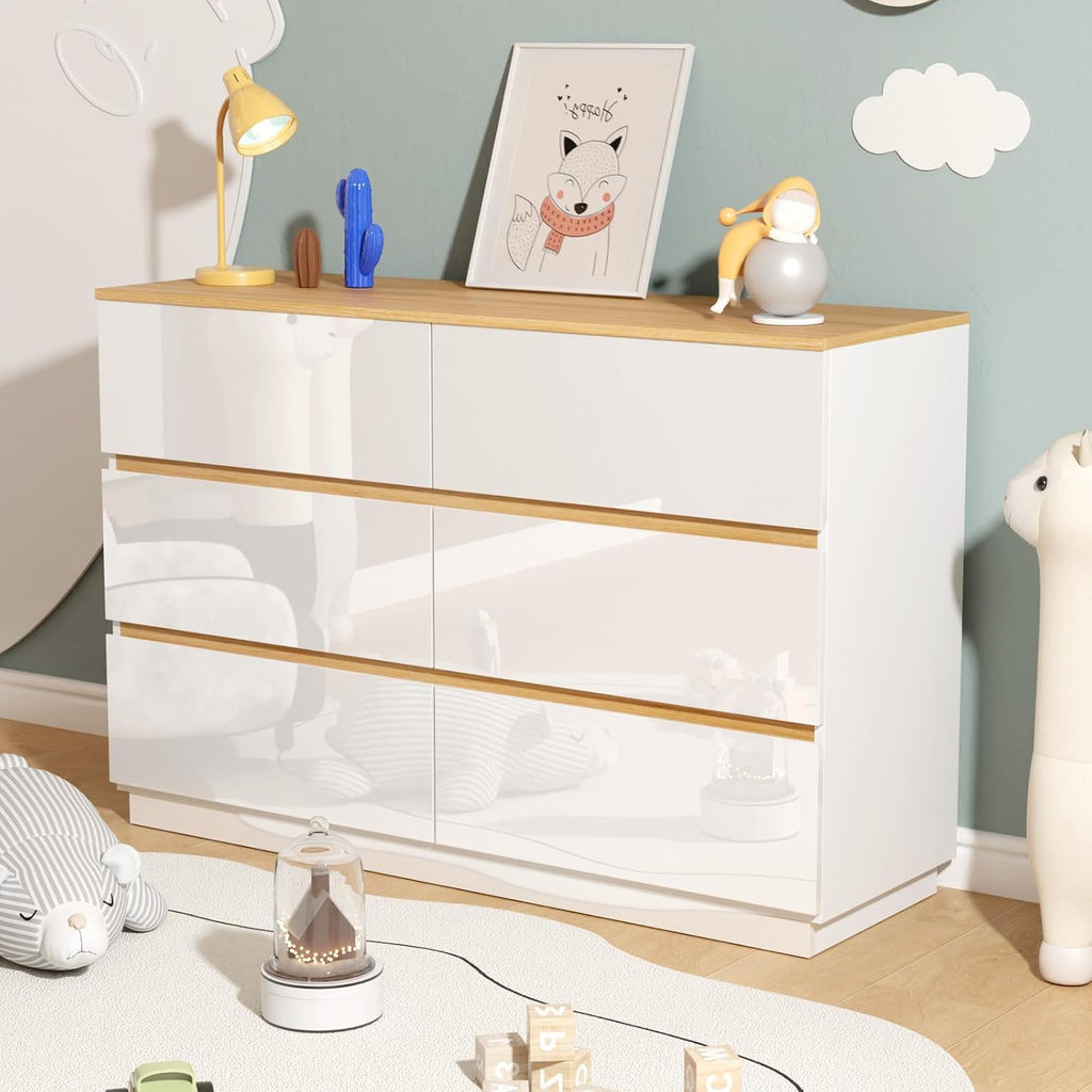 White Dresser High Gloss Chest of Drawers, 6 Drawer Dresser , Modern Dressers Wood, Brown Top, 47.2" W x 15.75" D x