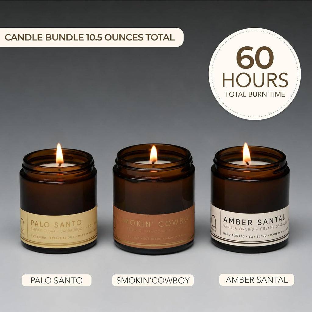 Best Sellers - Soy Candle Set 3 Pack - Amber Santal | Paraben Free, Brown Glass Jars With Gold Lids, 2.75 in Dia x