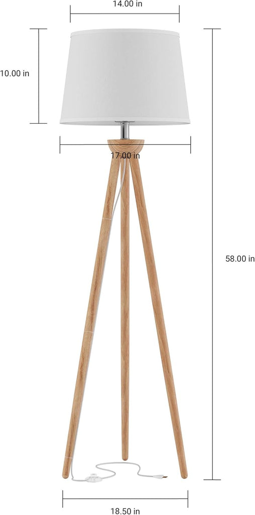 Tripod Floor Lamp - Mid-Century Modern Décor Light with LED Bulb and Natural Oak Wood Base