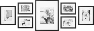 Multi-Size Picture Frame Set 7 Pack, Black Gallery Wall Frames with Hanging Hardware, Clear Glass - One 12x16, Two