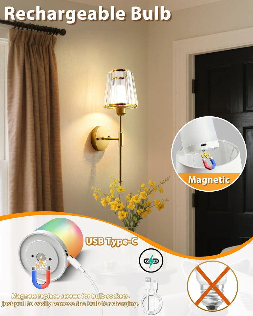Crystal Battery Operated Wall Sconces Set of Two, Gold Rechargeable Wall Lights with 10000mAh Dimmable Magnetic Bulb