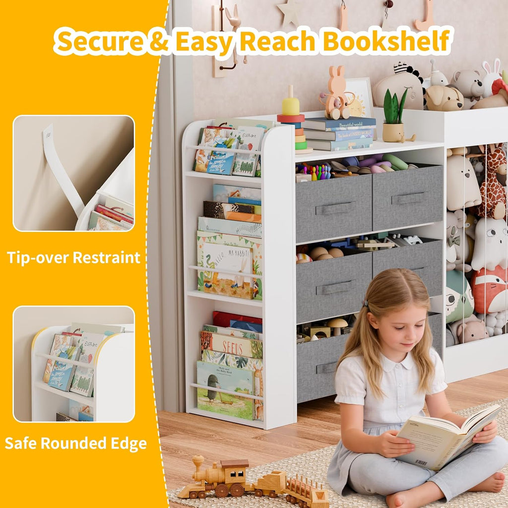 61"W Toy Storage Organizer with 6 Storage Bins, 3-Tier Kids Bookcase & 211L Stuffed Animal Holder, 3-in-1 Plush Toy