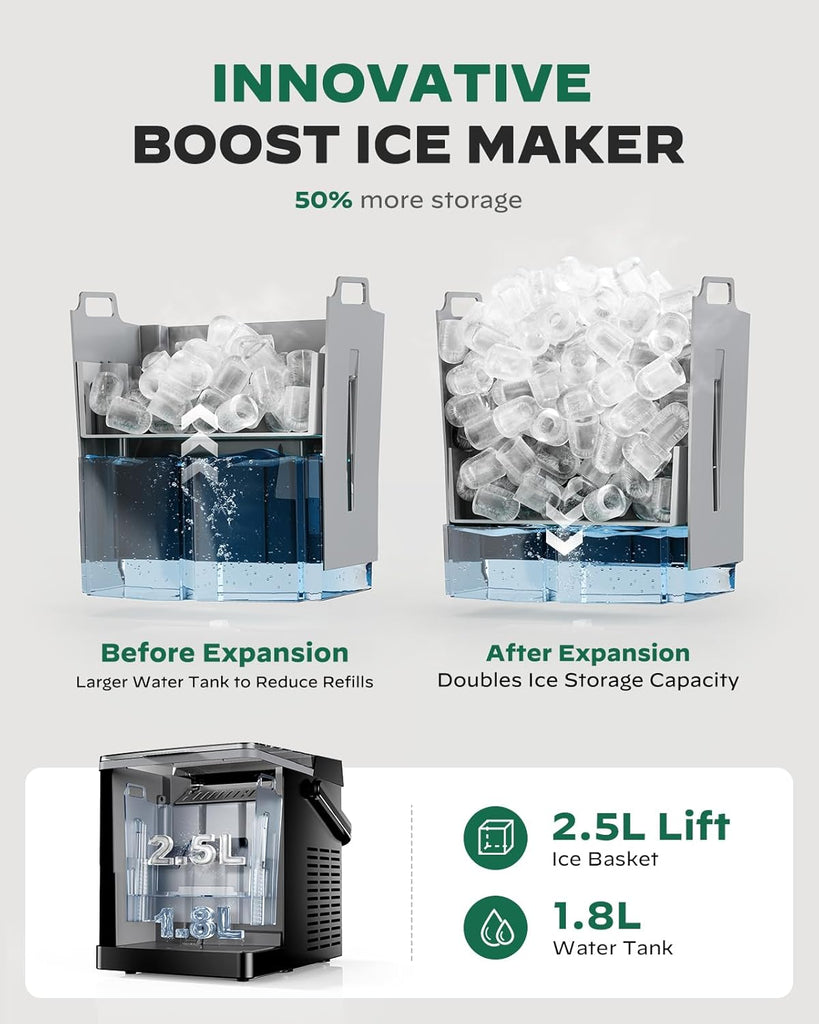 Ice Maker Countertop with Expandable 2.5L Ice Basket & 1.8L Water Tank, 9 Bullet Ice Cubes in 6 Mins, Portable Ice