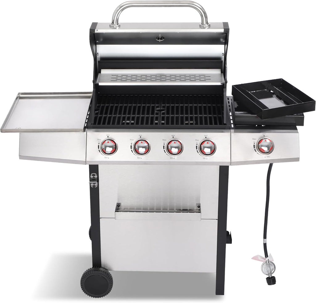 4-Burner Propane Gas Grill with Side Burner, 49,000 BTU BBQ Grill with Cast Iron Grates, Griddle and Charcoal Tray