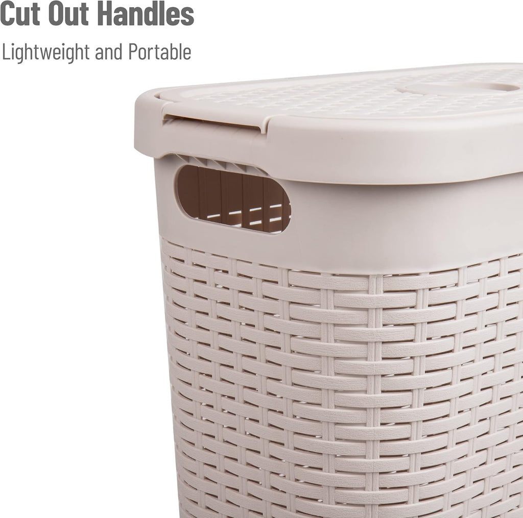 Slim Laundry Hamper with Lid, 40L Clothes Basket, Narrow Tapered Design with Ventilated Cutout Pattern, Plastic, Ivory