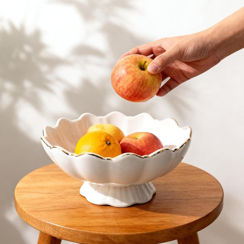 White Small Decorative Bowl 8 Inch Ceramic Key & Fruit Bowl Ruffle Lotus Shape with Gold Rim Candy Bowl, Multi-Use