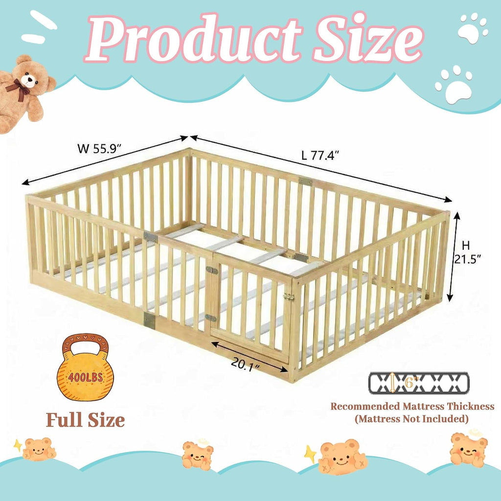 Full Size Montessori Floor Bed with High Rails and Slats, Solid Wood Floor Bed Frame with Door,Full Low Wooden Kids